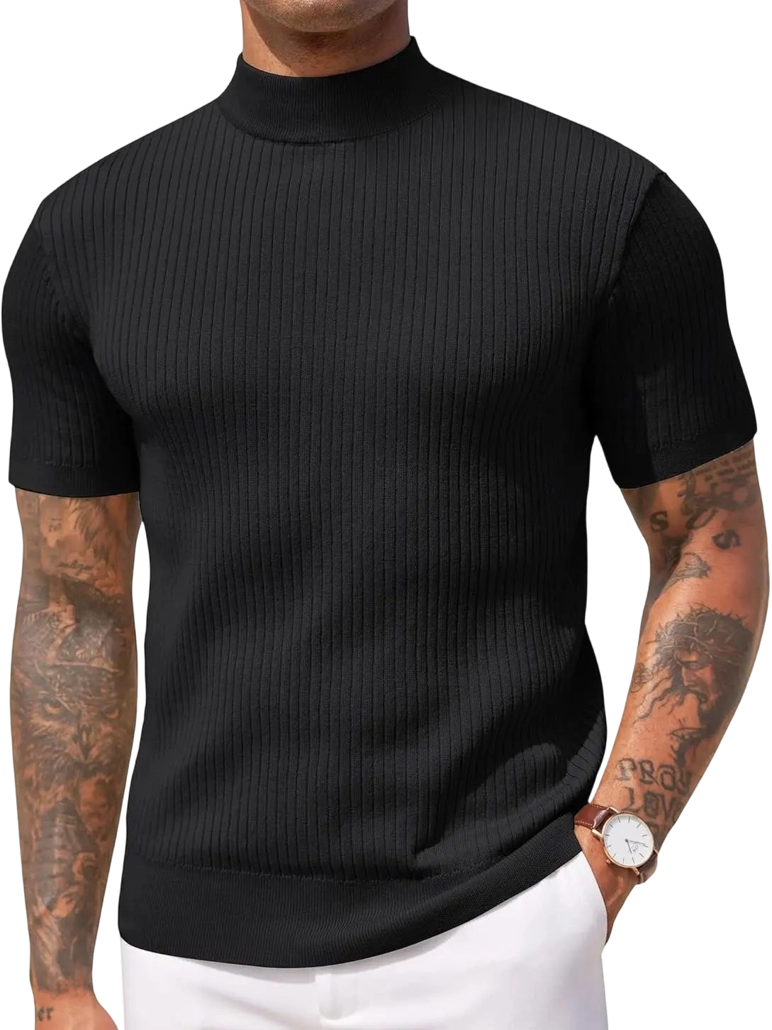 Men's Mock Turtleneck Sweater Short Sleeve Casual Basic Tops Ribbed Knit Pullover Solid Tee