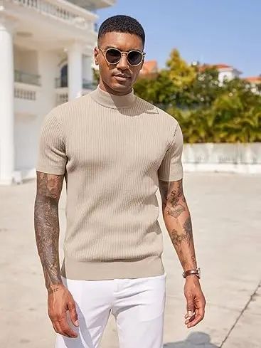 Men's Mock Turtleneck Sweater Short Sleeve Casual Basic Tops Ribbed Knit Pullover Solid Tee