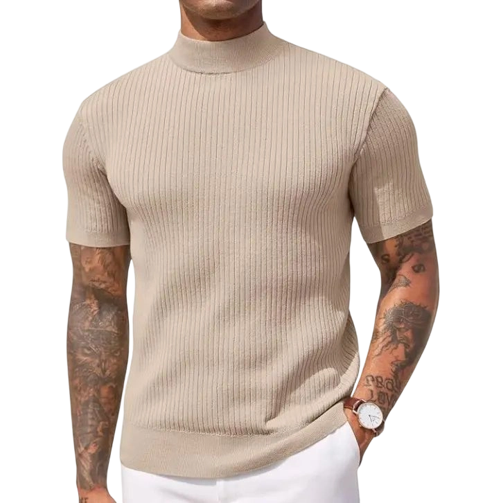 Men's Mock Turtleneck Sweater Short Sleeve Casual Basic Tops Ribbed Knit Pullover Solid Tee
