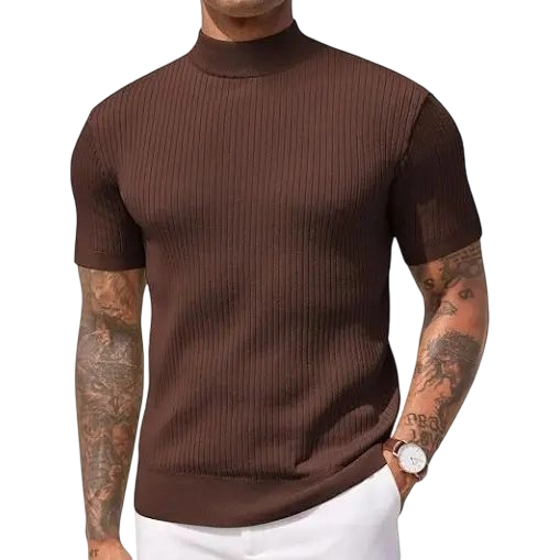 Men's Mock Turtleneck Sweater Short Sleeve Casual Basic Tops Ribbed Knit Pullover Solid Tee