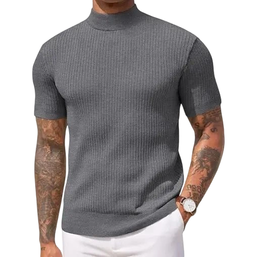 Men's Mock Turtleneck Sweater Short Sleeve Casual Basic Tops Ribbed Knit Pullover Solid Tee