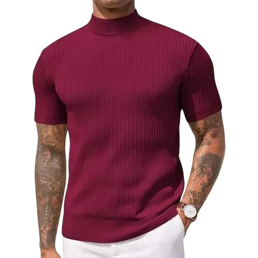 Men's Mock Turtleneck Sweater Short Sleeve Casual Basic Tops Ribbed Knit Pullover Solid Tee