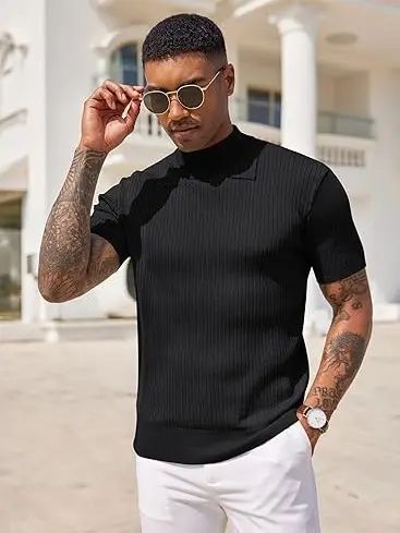 Men's Mock Turtleneck Sweater Short Sleeve Casual Basic Tops Ribbed Knit Pullover Solid Tee