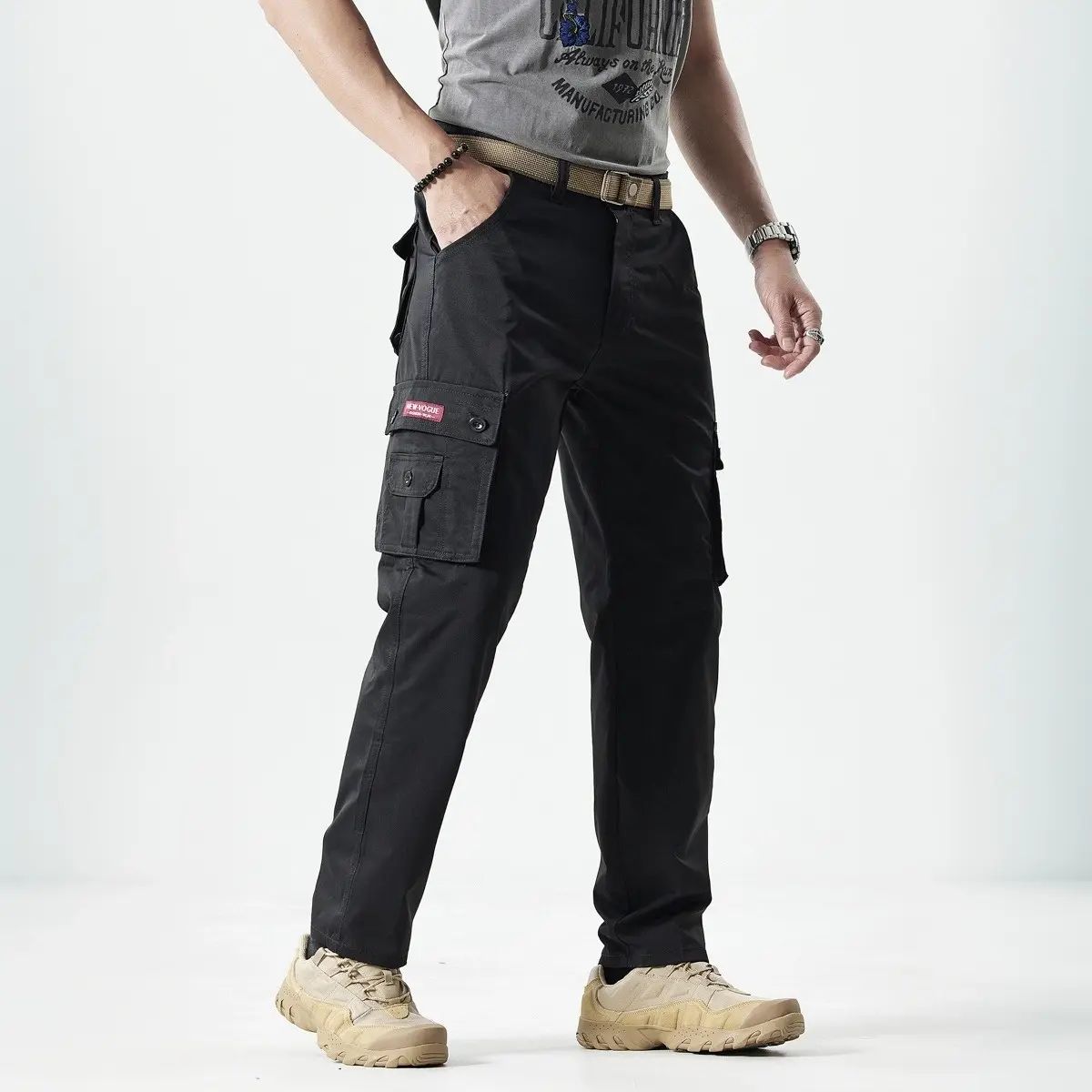 Men's Fitted Plain Solid-Color Straight-Leg Utility Khakis