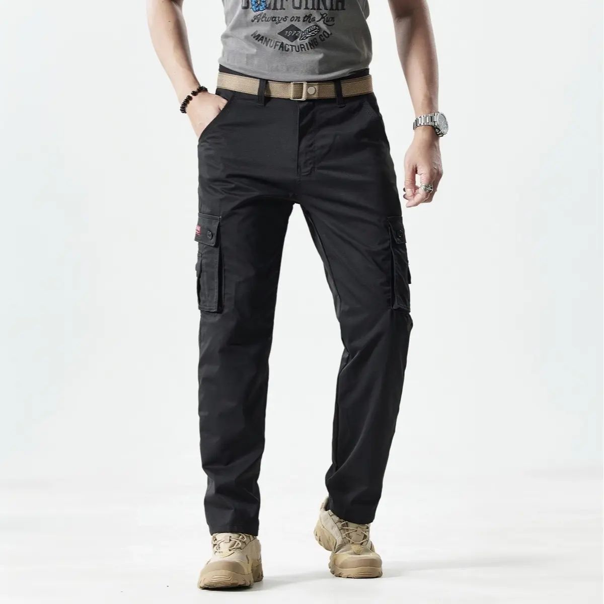 Men's Fitted Plain Solid-Color Straight-Leg Utility Khakis