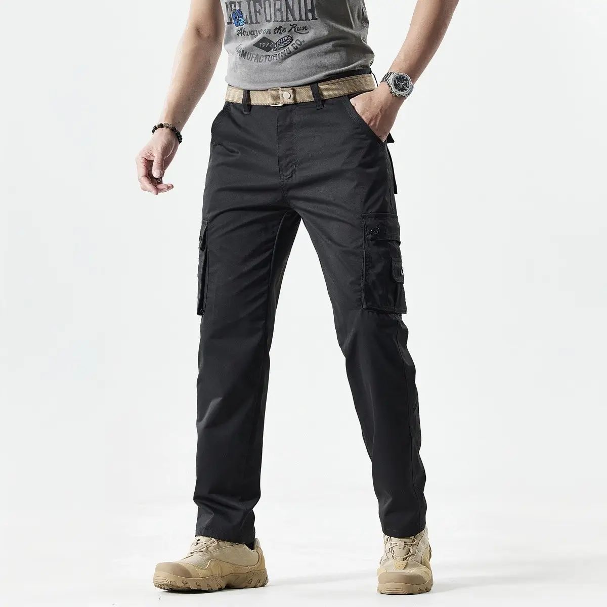 Men's Fitted Plain Solid-Color Straight-Leg Utility Khakis