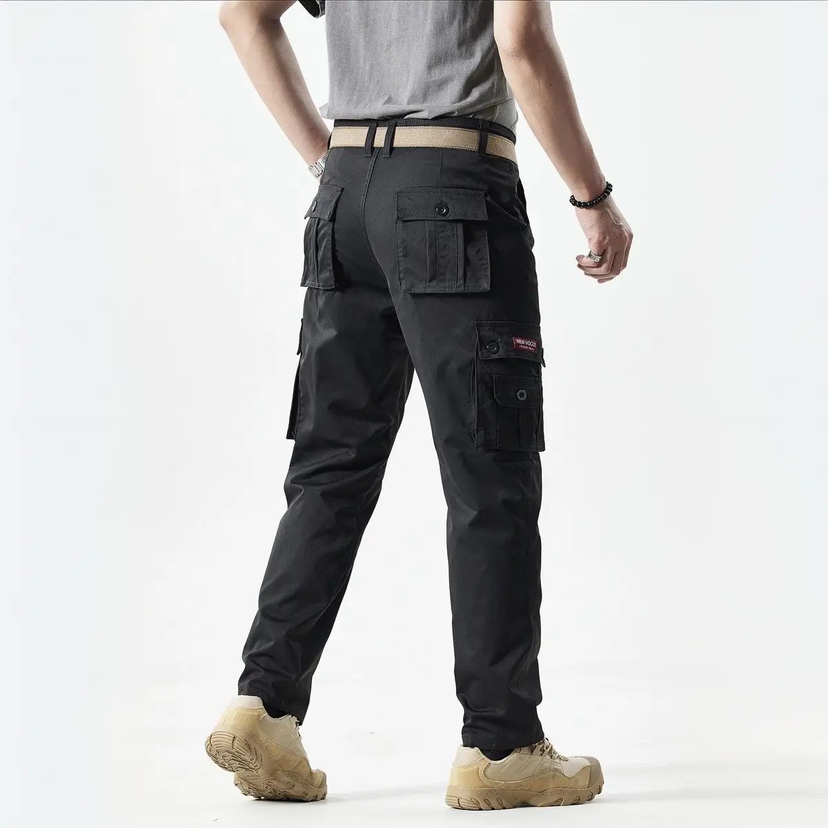 Men's Fitted Plain Solid-Color Straight-Leg Utility Khakis