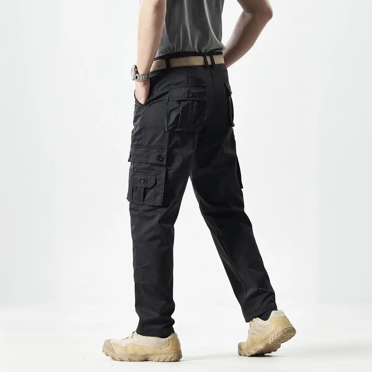Men's Fitted Plain Solid-Color Straight-Leg Utility Khakis