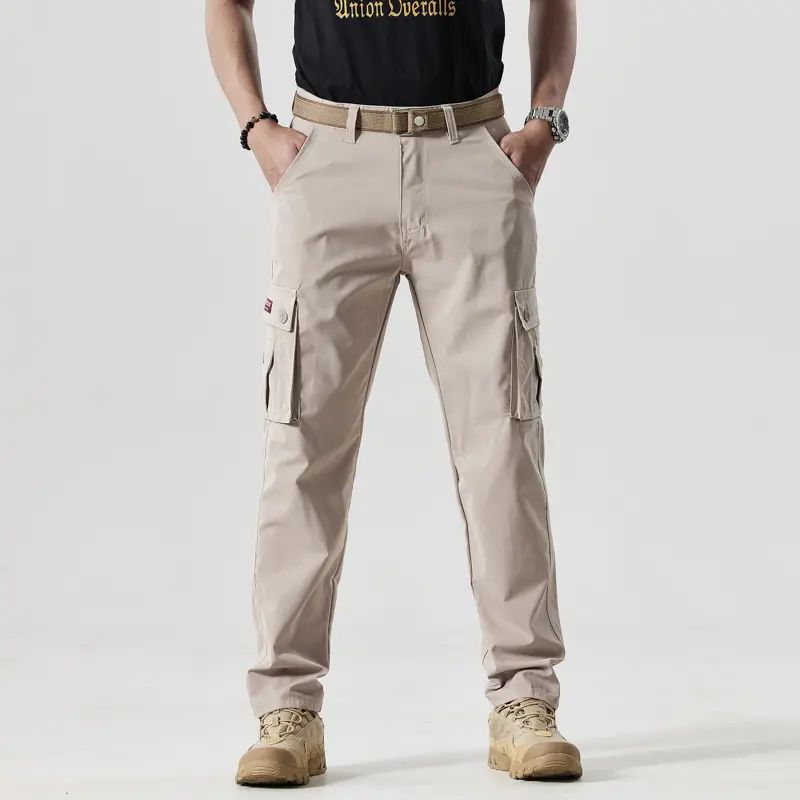 Men's Fitted Plain Solid-Color Straight-Leg Utility Khakis