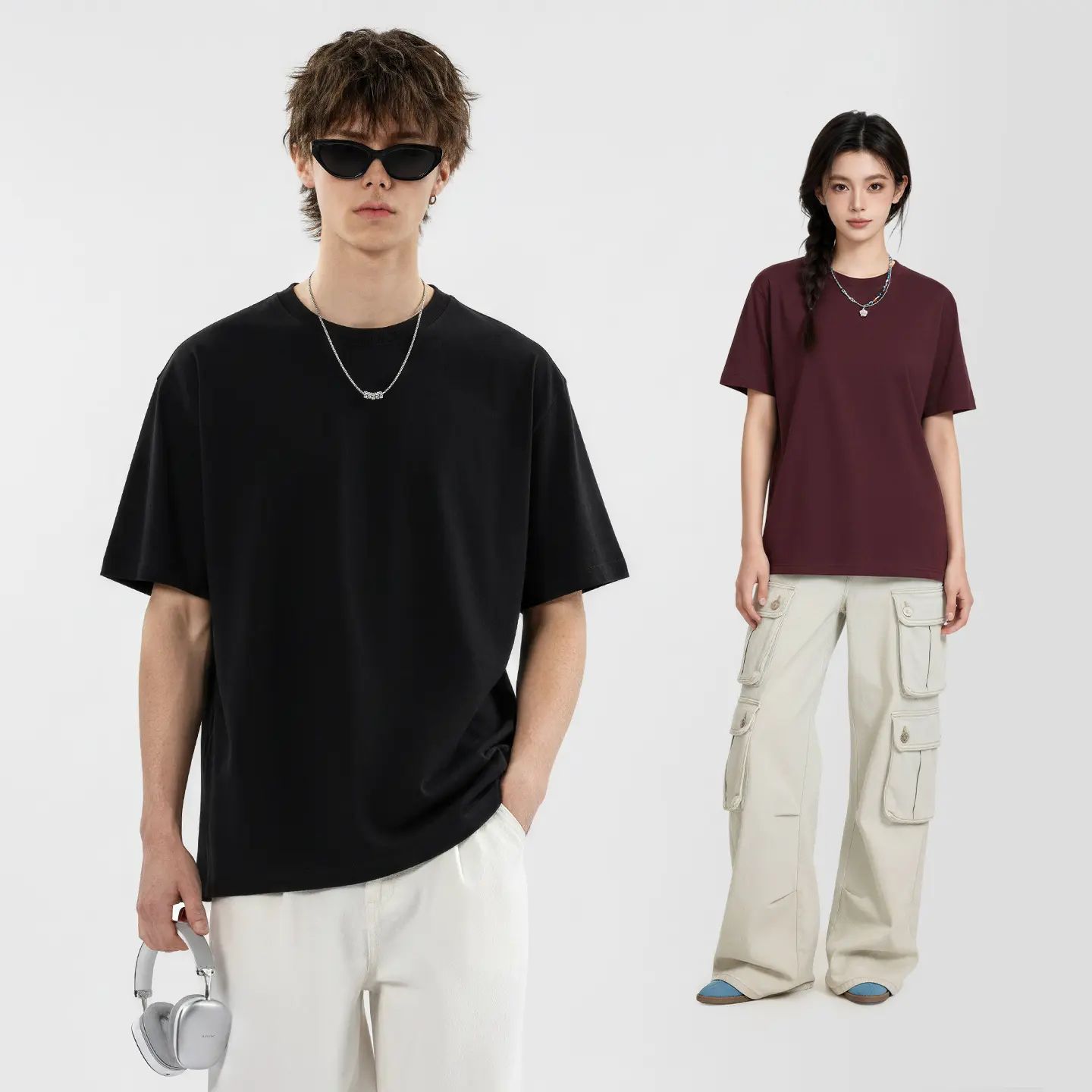 Men's 230G 100% Cotton Heavyweight Round Neck Shortsleeve Tee - Unisex Loose Fit Soft Vintage Plant-Dyed Plain Basic Top