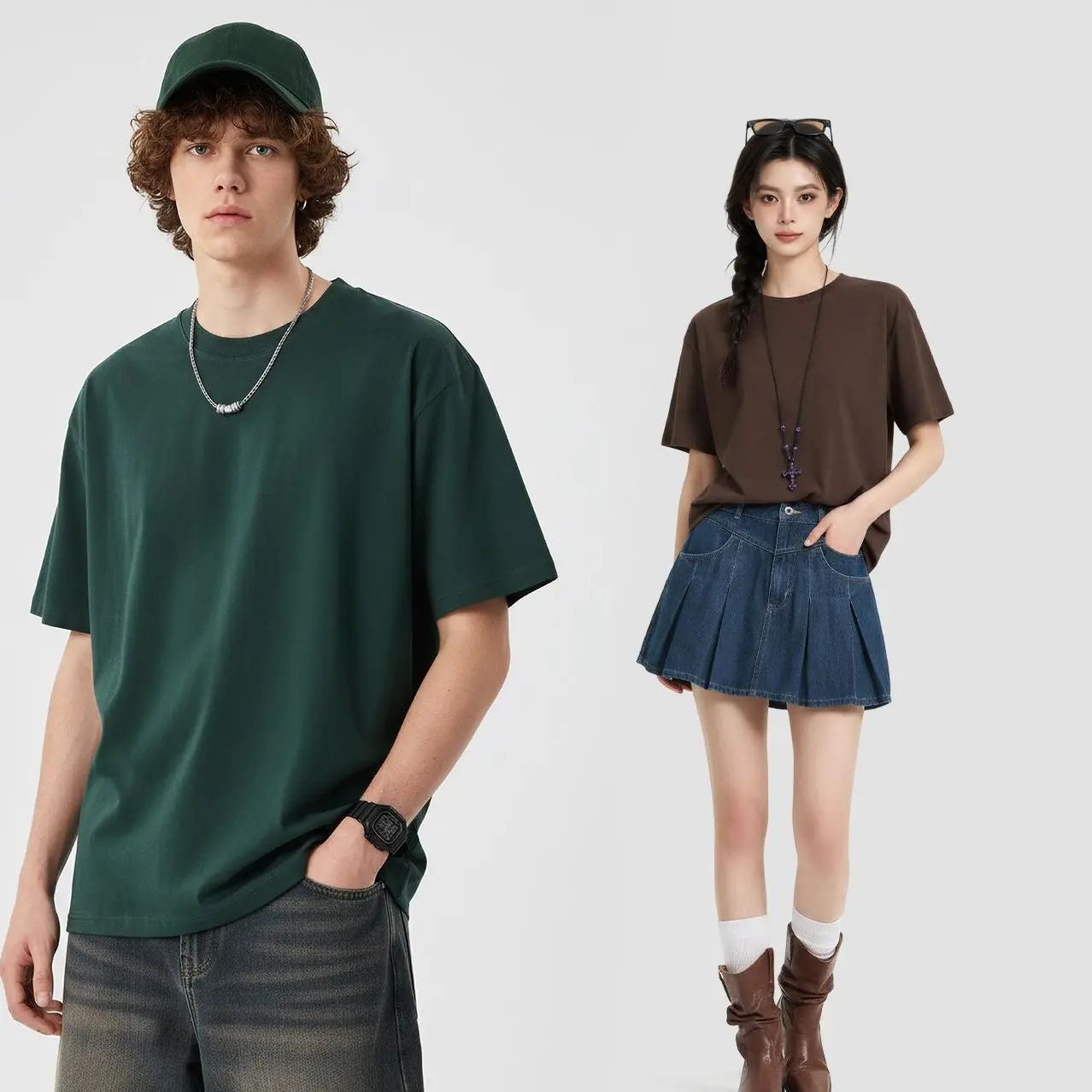 Men's 230G 100% Cotton Heavyweight Round Neck Shortsleeve Tee - Unisex Loose Fit Soft Vintage Plant-Dyed Plain Basic Top