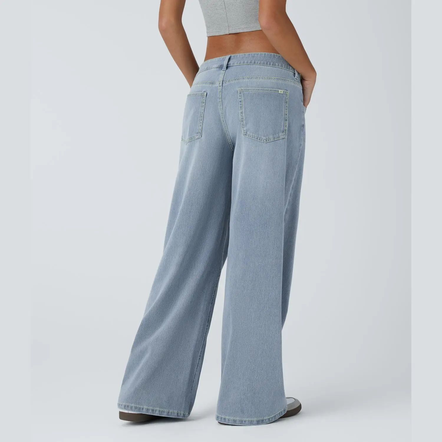 Asymmetric Low Rise Zipper Pockets Baggy Wide Leg Washed Casual Women's Jeans