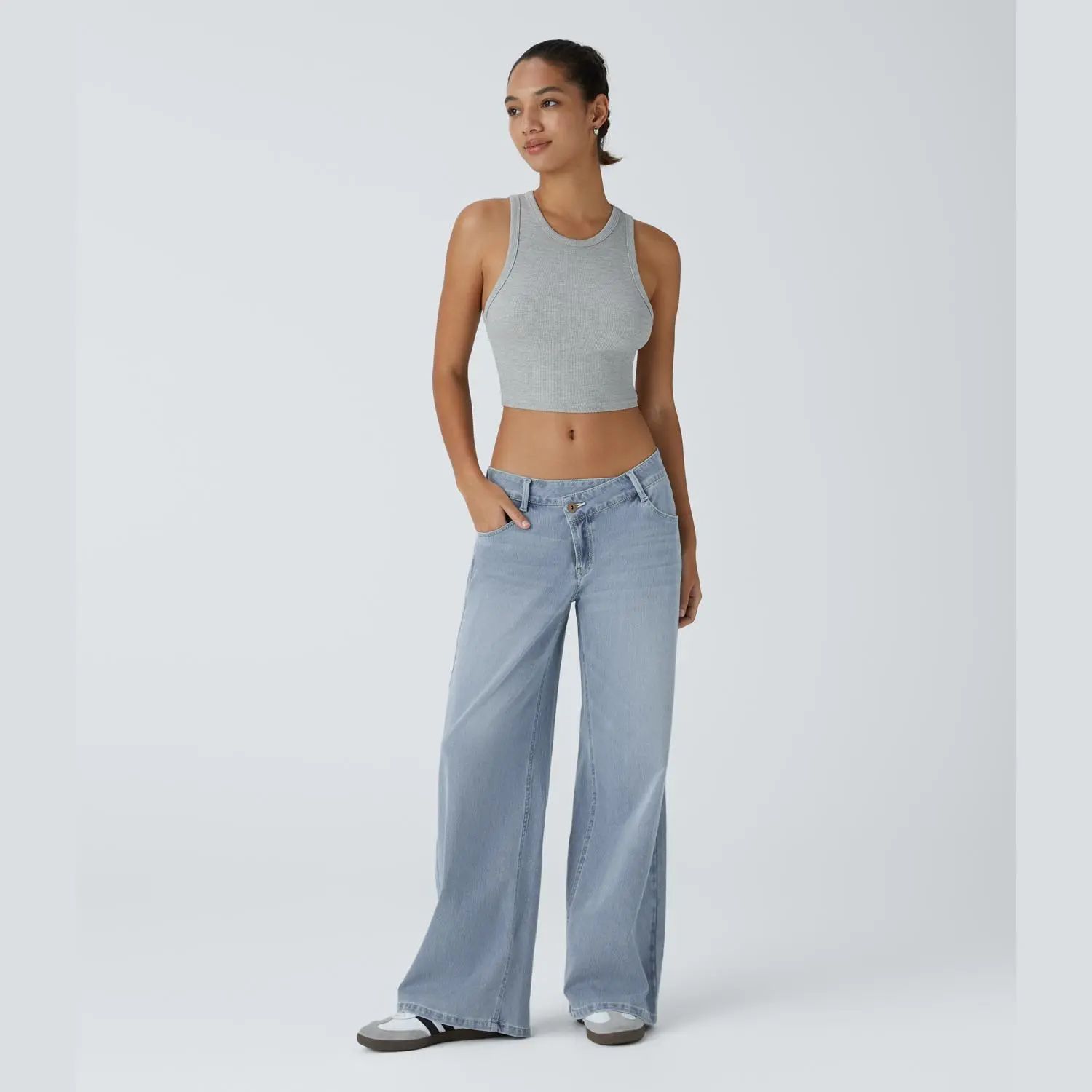 Asymmetric Low Rise Zipper Pockets Baggy Wide Leg Washed Casual Women's Jeans
