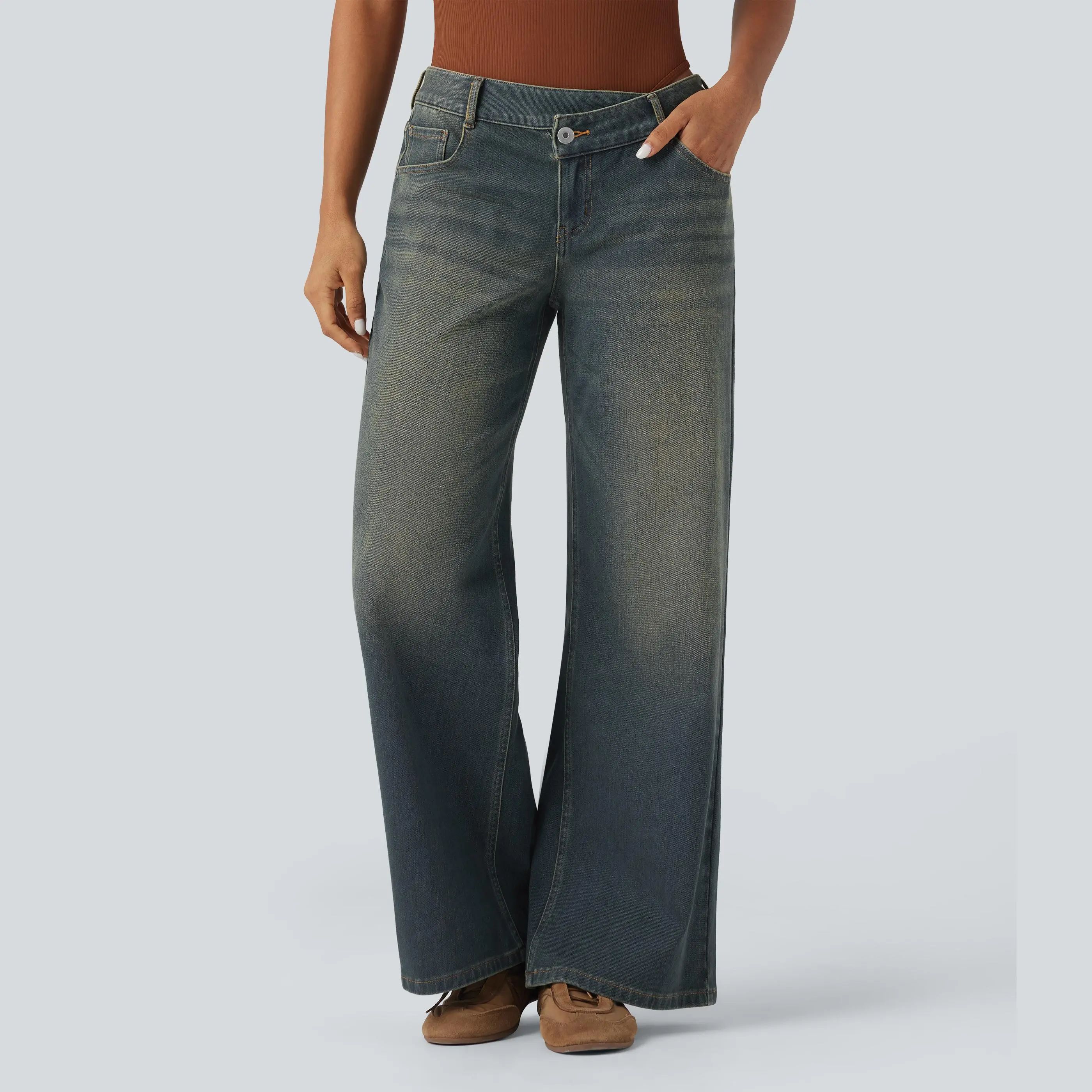 Asymmetric Low Rise Zipper Pockets Baggy Wide Leg Washed Casual Women's Jeans