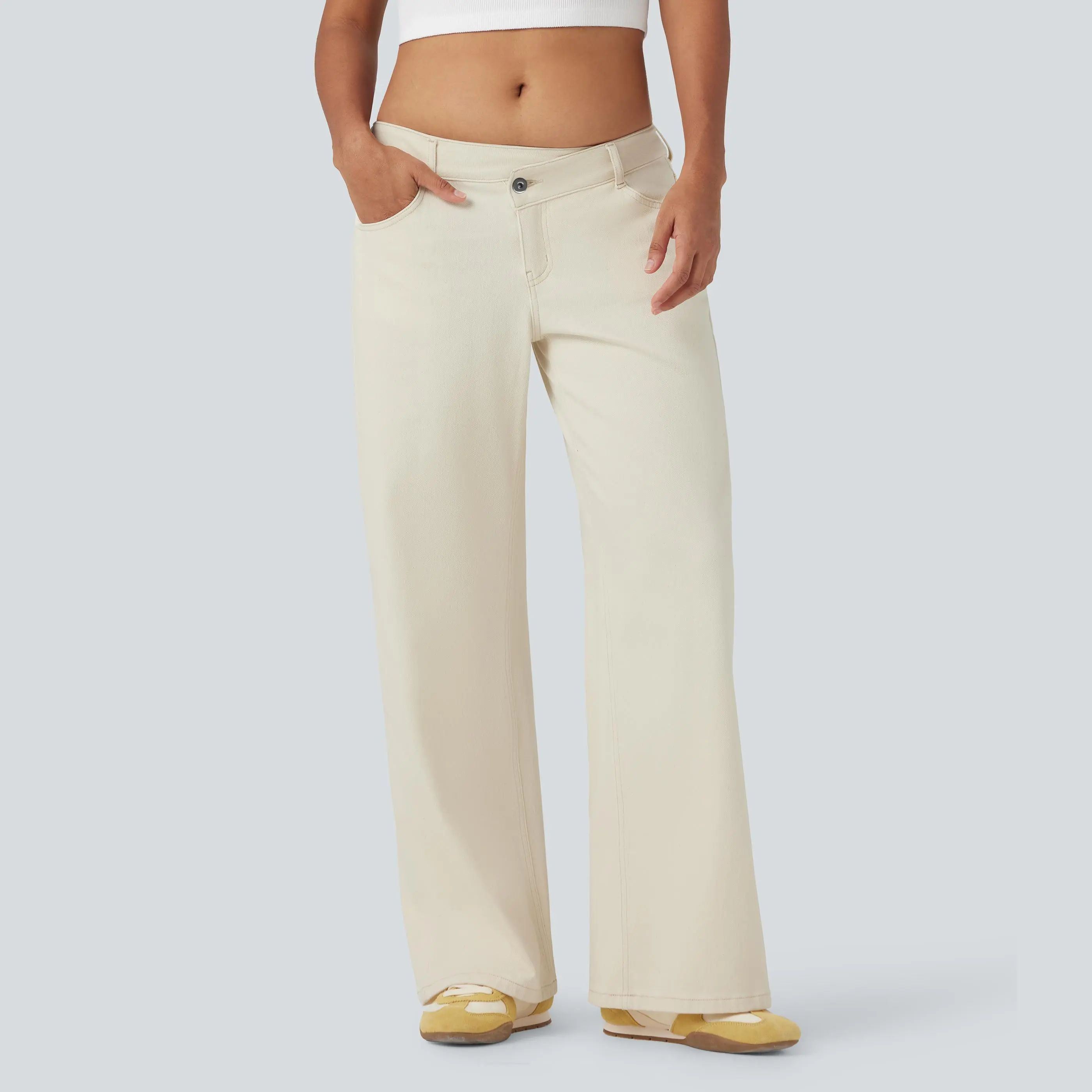 Asymmetric Low Rise Zipper Pockets Baggy Wide Leg Washed Casual Women's Jeans