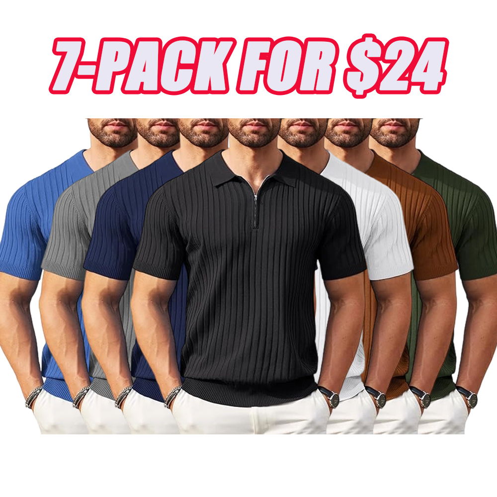 New York Fashion Week Men's Zipper Polo Shirts Short Sleeve Ribbed Knit Polo T Shirts
