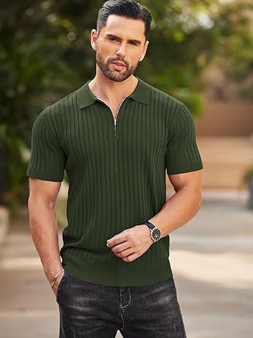 New York Fashion Week Men's Zipper Polo Shirts Short Sleeve Ribbed Knit Polo T Shirts