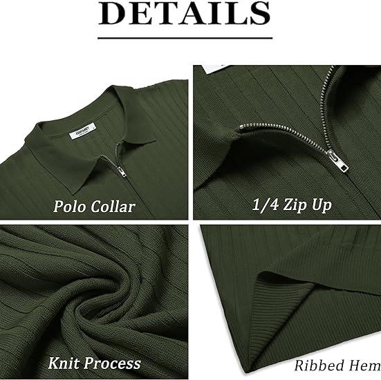 New York Fashion Week Men's Zipper Polo Shirts Short Sleeve Ribbed Knit Polo T Shirts