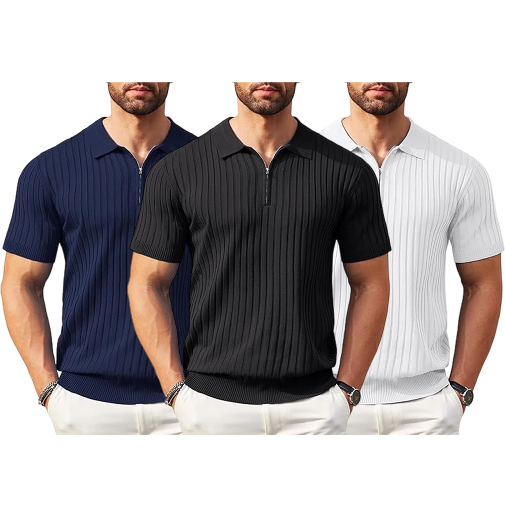 New York Fashion Week Men's Zipper Polo Shirts Short Sleeve Ribbed Knit Polo T Shirts