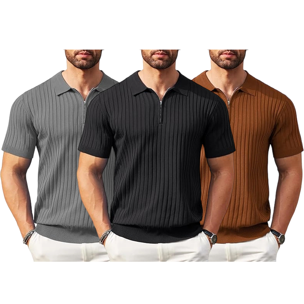New York Fashion Week Men's Zipper Polo Shirts Short Sleeve Ribbed Knit Polo T Shirts