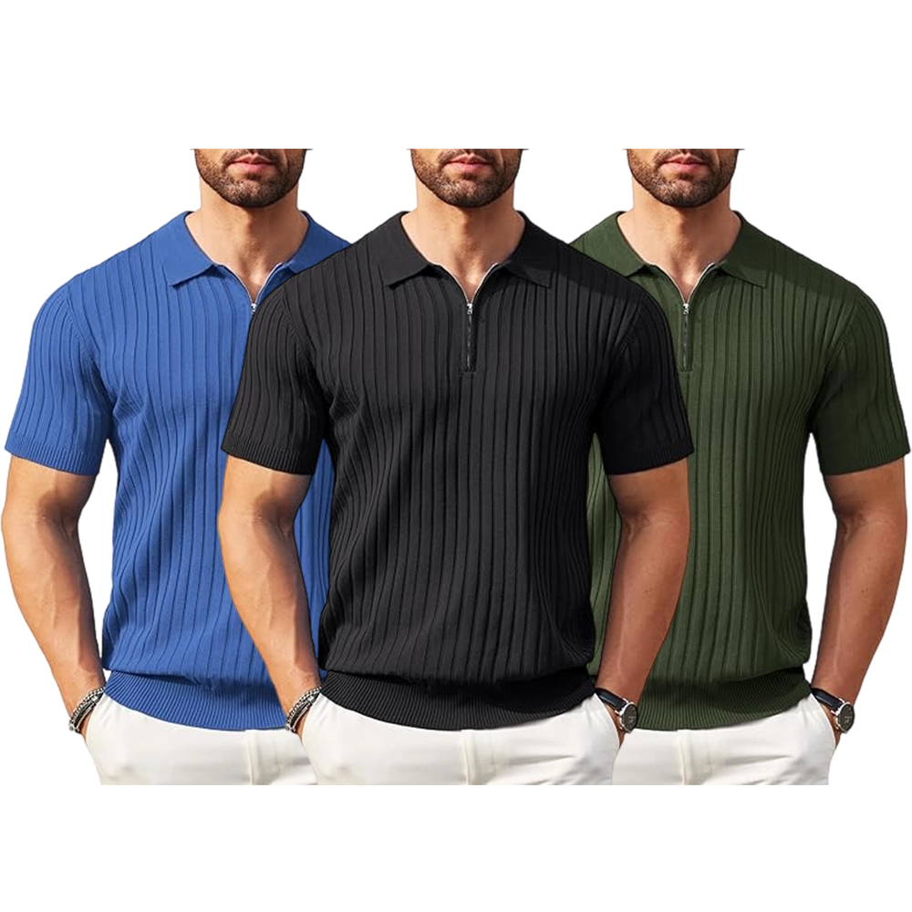 New York Fashion Week Men's Zipper Polo Shirts Short Sleeve Ribbed Knit Polo T Shirts