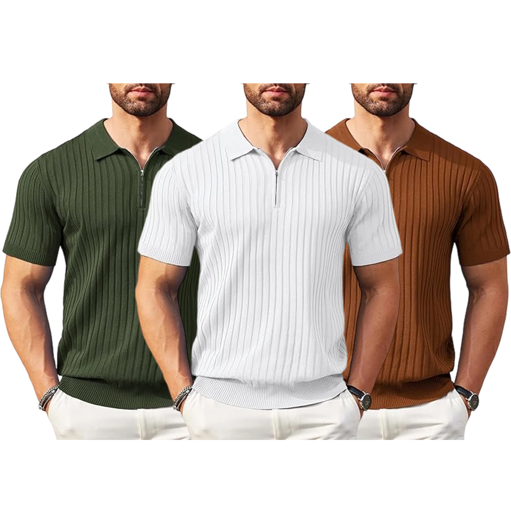 New York Fashion Week Men's Zipper Polo Shirts Short Sleeve Ribbed Knit Polo T Shirts