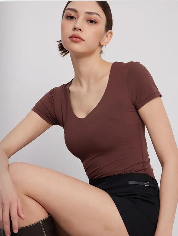 V-Neck Short Sleeve Basic Women's Slimming Fit Top