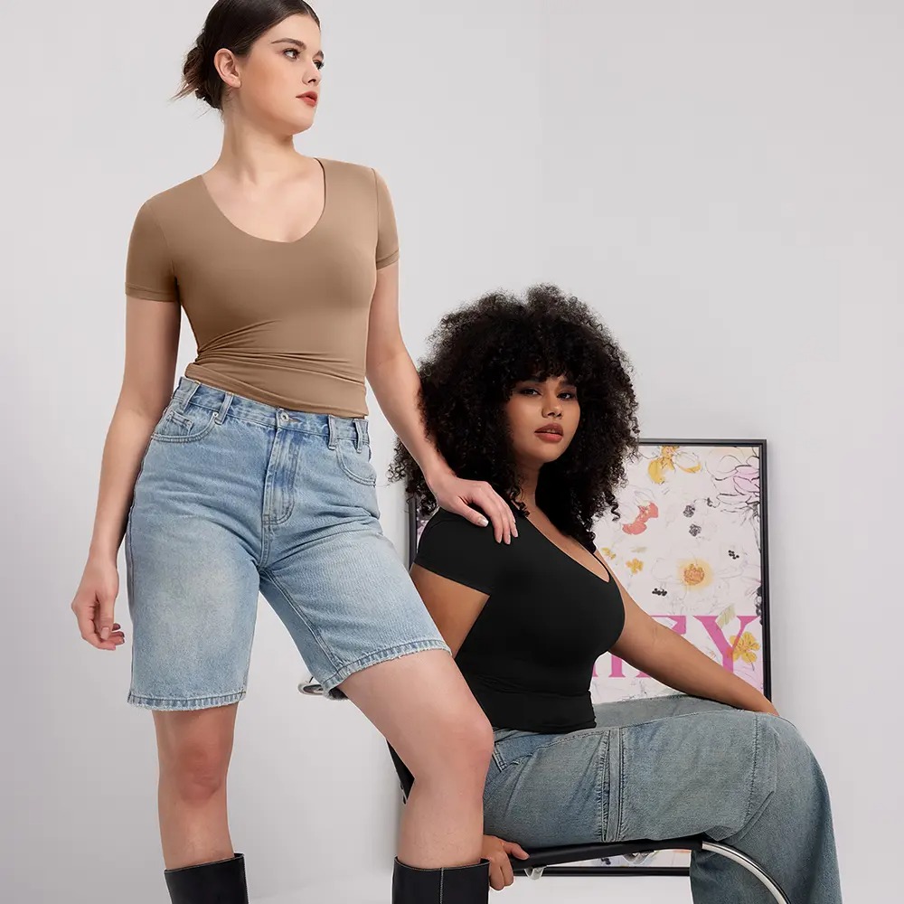 V-Neck Short Sleeve Basic Women's Slimming Fit Top