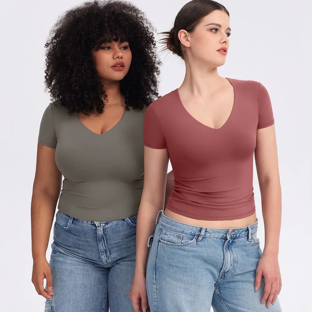 V-Neck Short Sleeve Basic Women's Slimming Fit Top