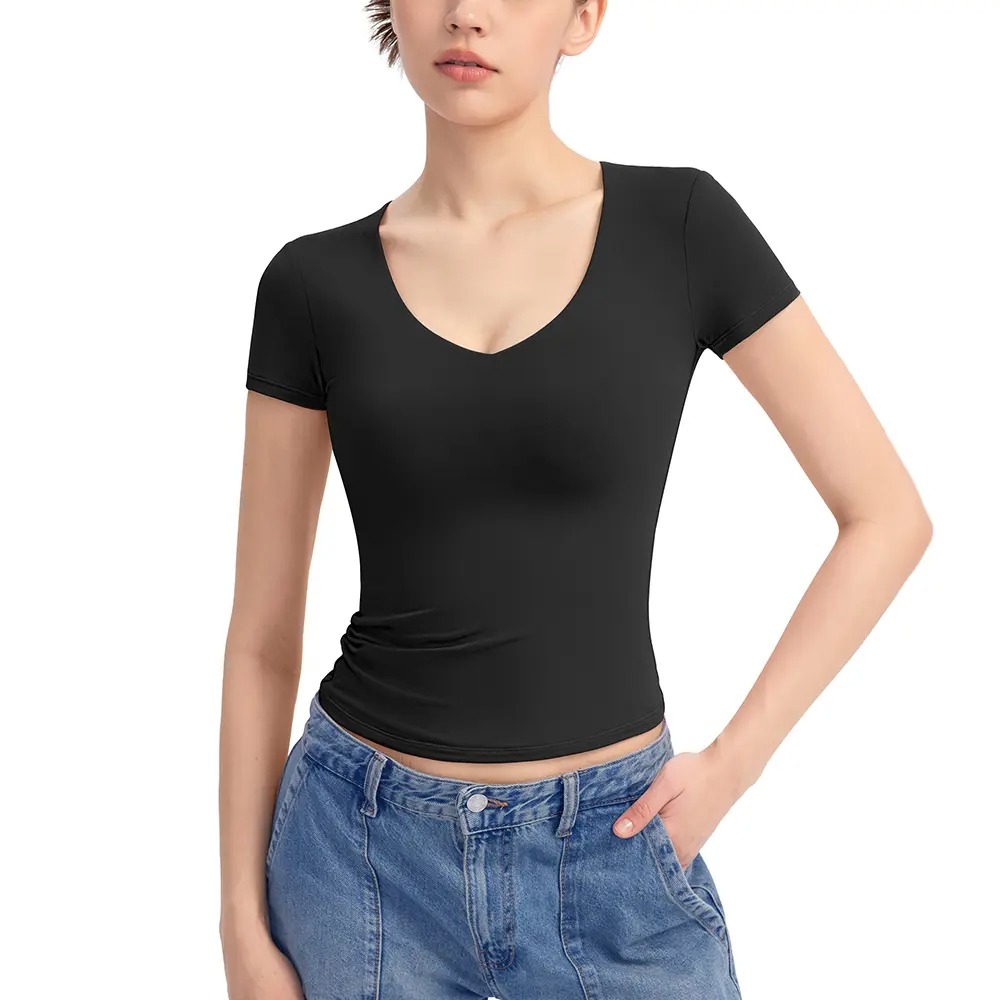 V-Neck Short Sleeve Basic Women's Slimming Fit Top