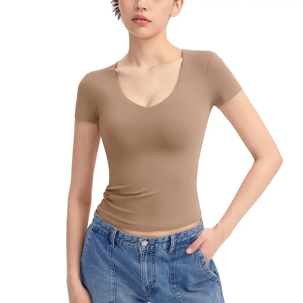 V-Neck Short Sleeve Basic Women's Slimming Fit Top