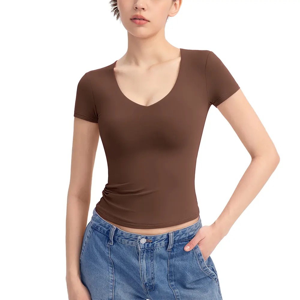 V-Neck Short Sleeve Basic Women's Slimming Fit Top