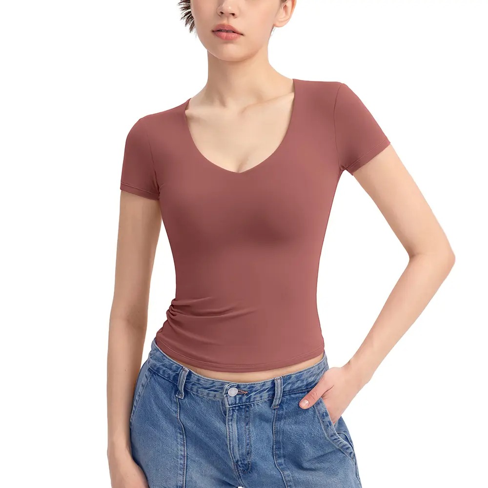 V-Neck Short Sleeve Basic Women's Slimming Fit Top