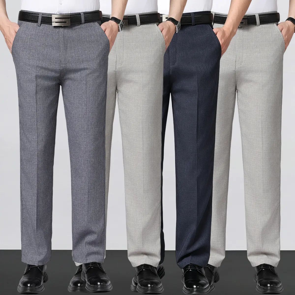 Men's Business Casual Dress Pants (4pcs) - Slim Fit Straight Leg, Plain Classic Menswear with Draping Effect