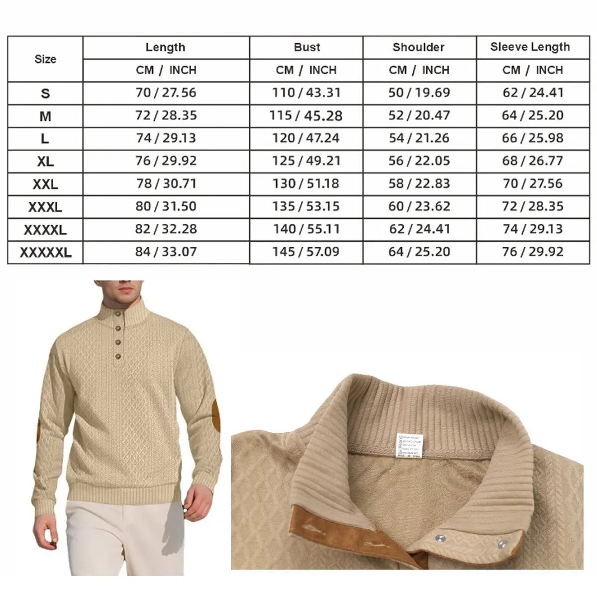 Men's Stand Collar Jacquard Knit Pullover Sweater, Micro Stretch 100% Polyester Long Sleeve Elbow Patch Casual Outdoor Sweatshirt for Spring Autumn