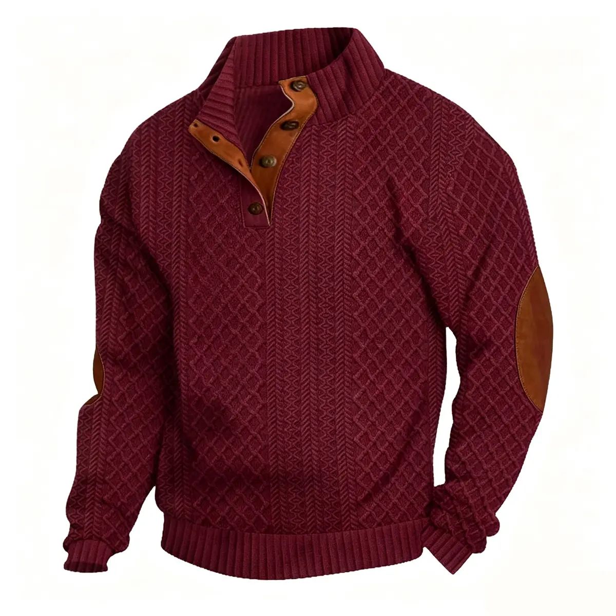 Men's Stand Collar Jacquard Knit Pullover Sweater, Micro Stretch 100% Polyester Long Sleeve Elbow Patch Casual Outdoor Sweatshirt for Spring Autumn