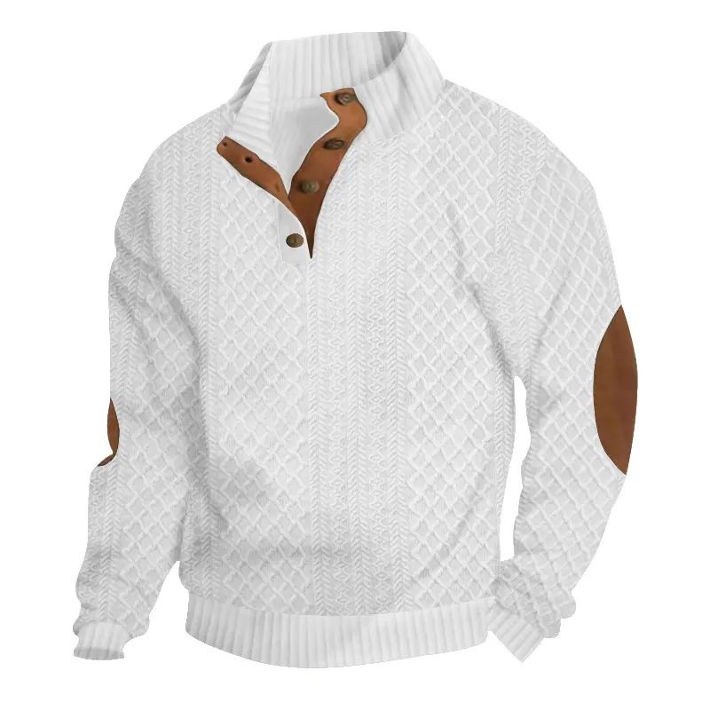Men's Stand Collar Jacquard Knit Pullover Sweater, Micro Stretch 100% Polyester Long Sleeve Elbow Patch Casual Outdoor Sweatshirt for Spring Autumn