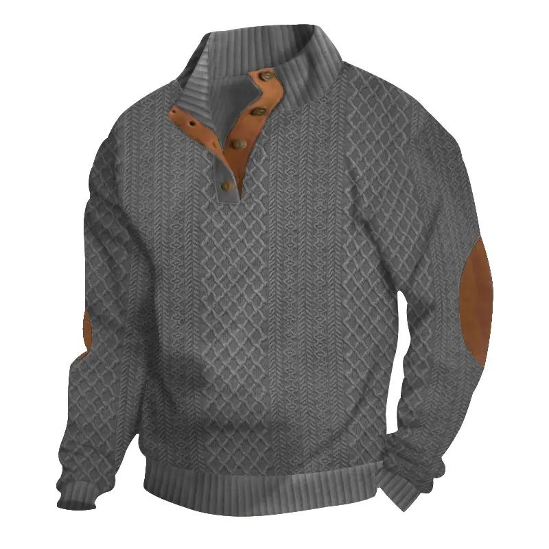Men's Stand Collar Jacquard Knit Pullover Sweater, Micro Stretch 100% Polyester Long Sleeve Elbow Patch Casual Outdoor Sweatshirt for Spring Autumn
