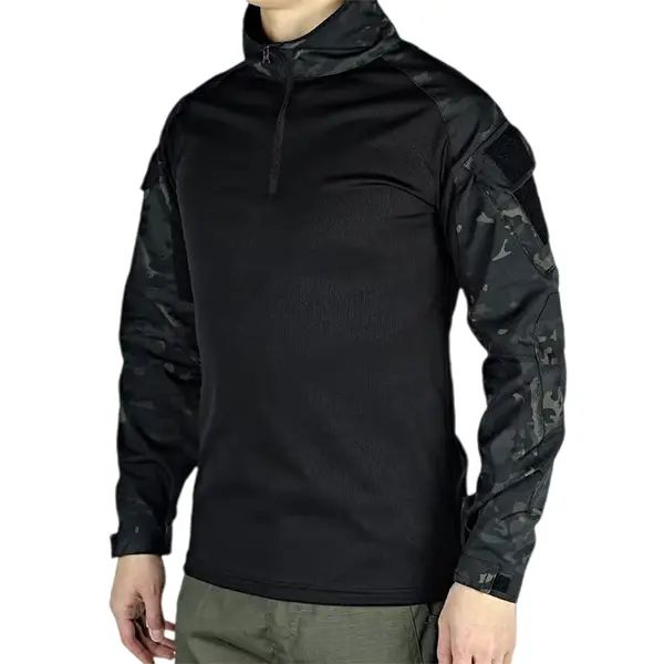 Men’s long-sleeve top with a half zipper and stand collar, available in six colors; camouflage color-block design, stretchy and breathable for outdoor wear.