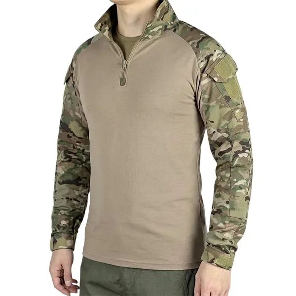 Men’s long-sleeve top with a half zipper and stand collar, available in six colors; camouflage color-block design, stretchy and breathable for outdoor wear.