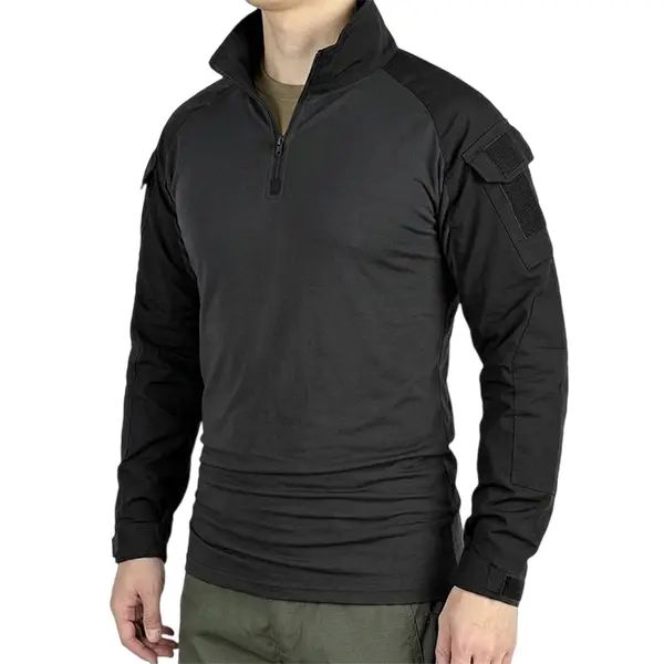 Men’s long-sleeve top with a half zipper and stand collar, available in six colors; camouflage color-block design, stretchy and breathable for outdoor wear.