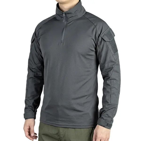 Men’s long-sleeve top with a half zipper and stand collar, available in six colors; camouflage color-block design, stretchy and breathable for outdoor wear.