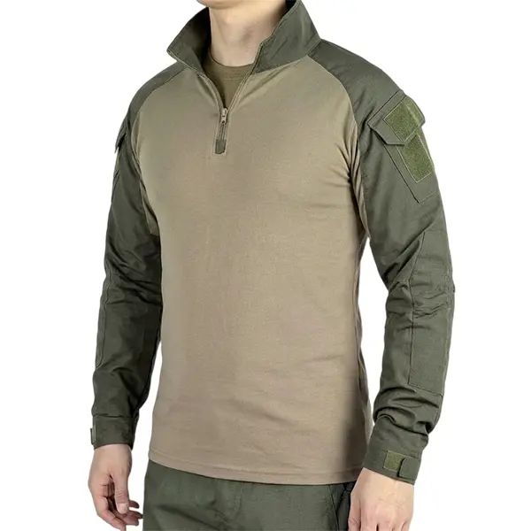 Men’s long-sleeve top with a half zipper and stand collar, available in six colors; camouflage color-block design, stretchy and breathable for outdoor wear.