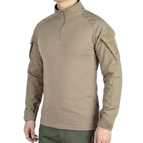 Men’s long-sleeve top with a half zipper and stand collar, available in six colors; camouflage color-block design, stretchy and breathable for outdoor wear.