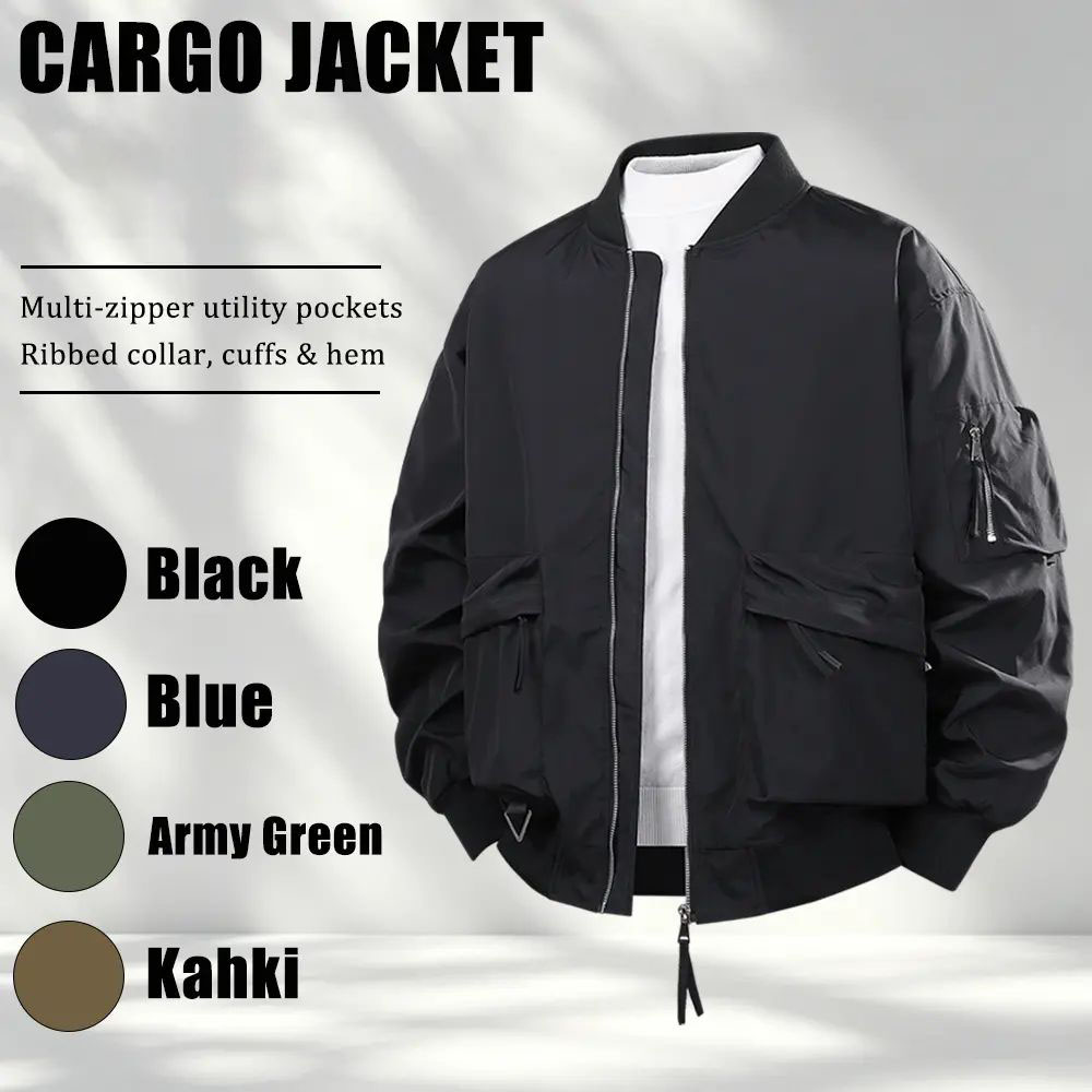 Plus-size men’s workwear jacket featuring a relaxed fit with multiple zippered pockets
