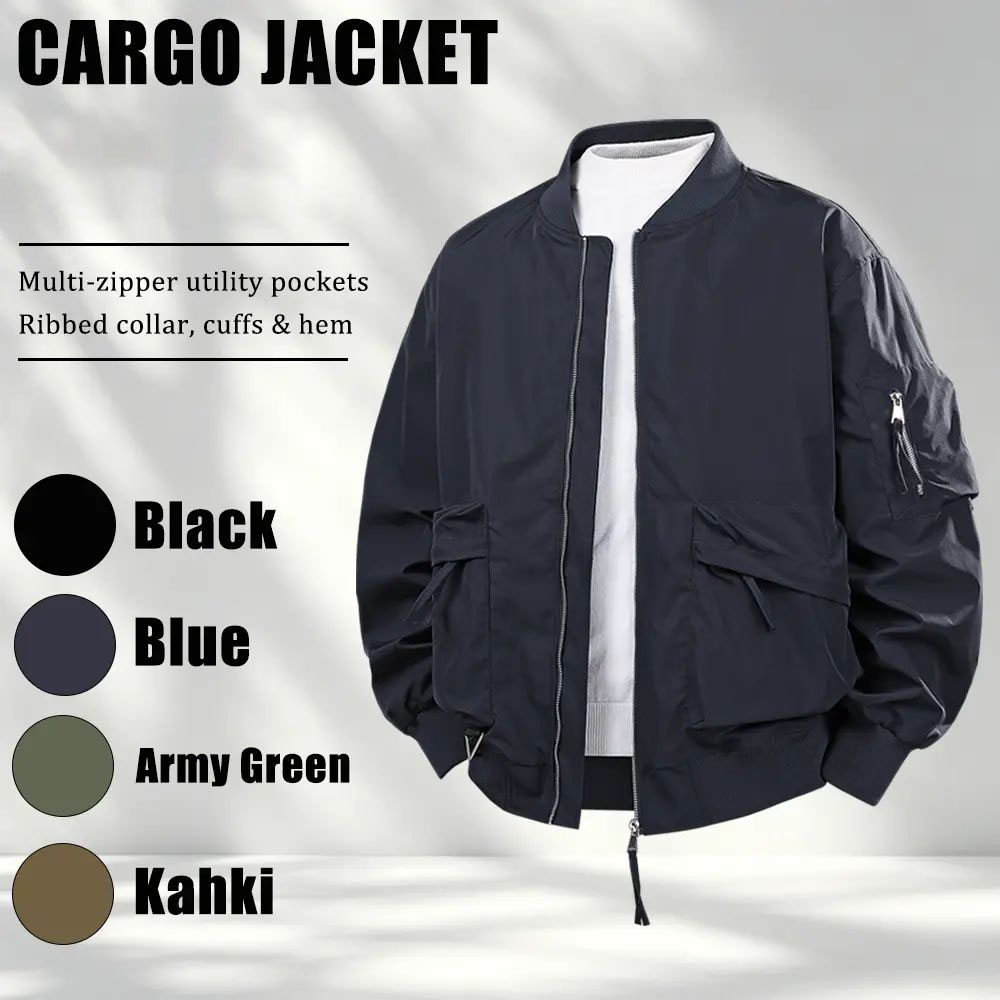 Plus-size men’s workwear jacket featuring a relaxed fit with multiple zippered pockets