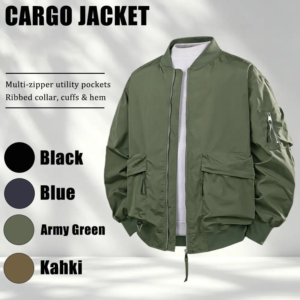 Plus-size men’s workwear jacket featuring a relaxed fit with multiple zippered pockets