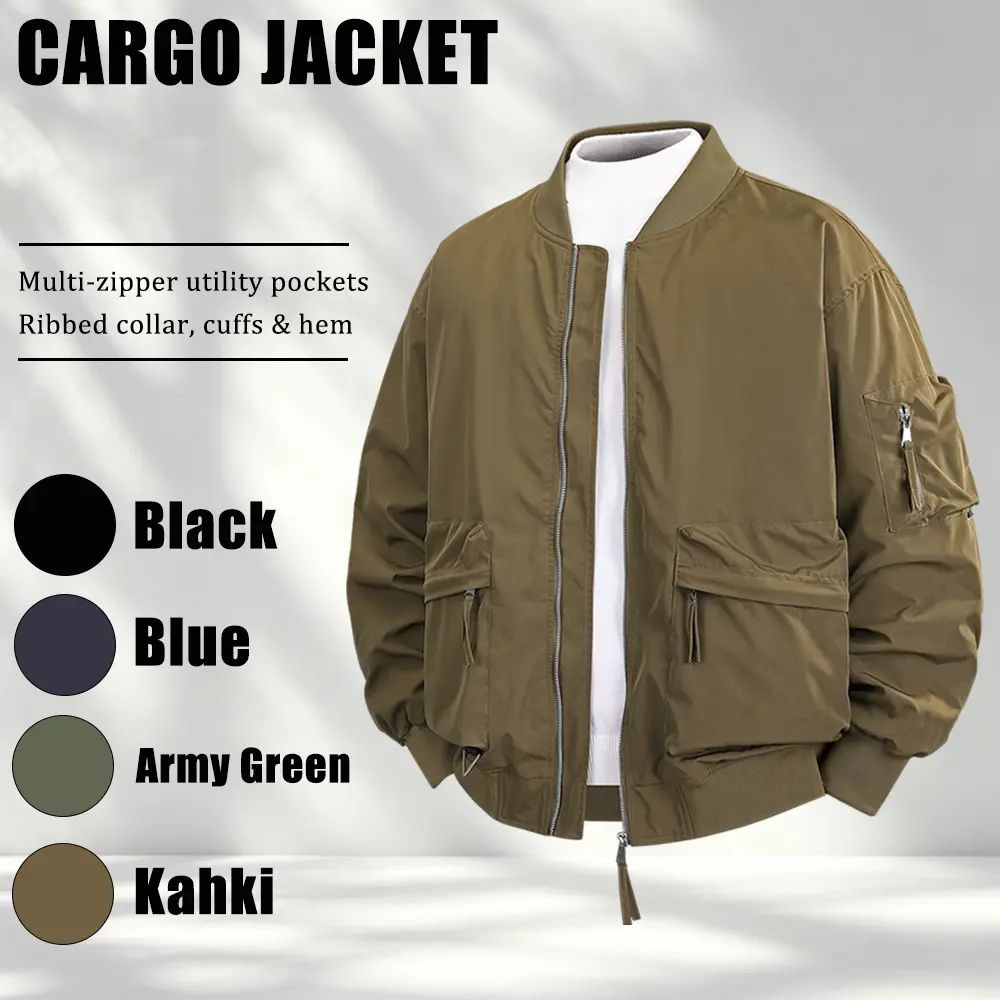 Plus-size men’s workwear jacket featuring a relaxed fit with multiple zippered pockets