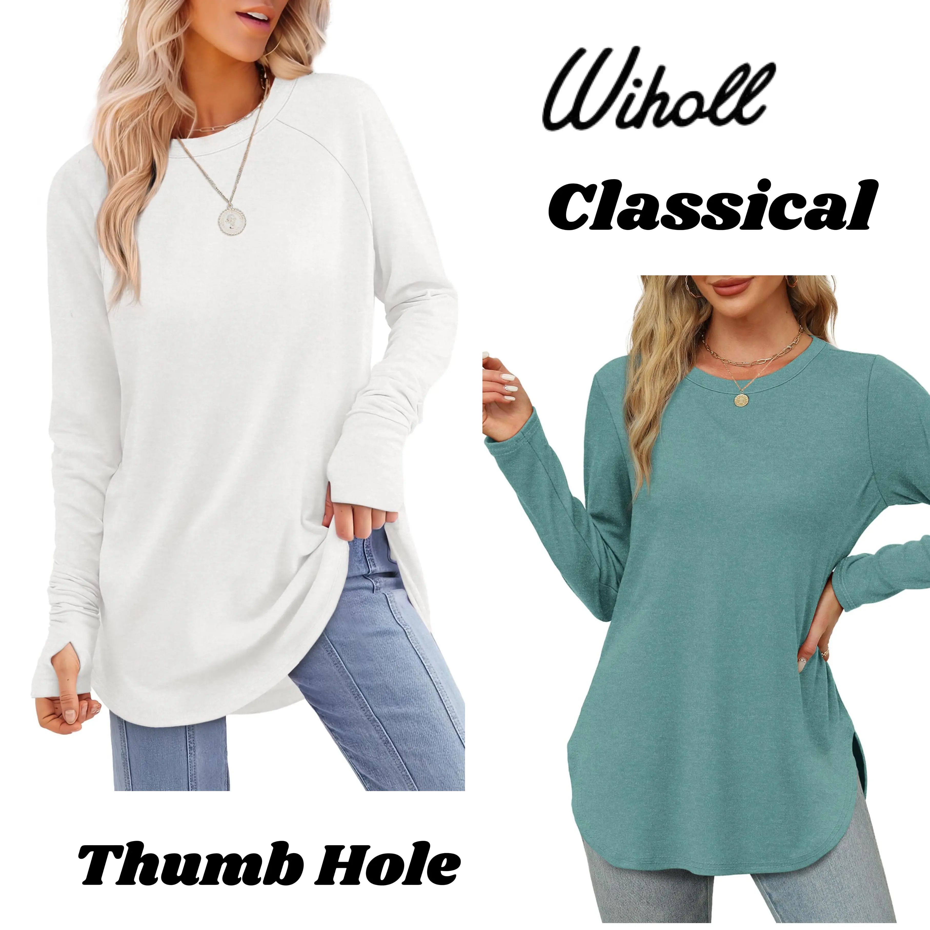 Women's Casual Tunic Tops to Wear with Leggings, Long Sleeve Round Neck Spandex Shirt with Thumb Holes and Curved Hem