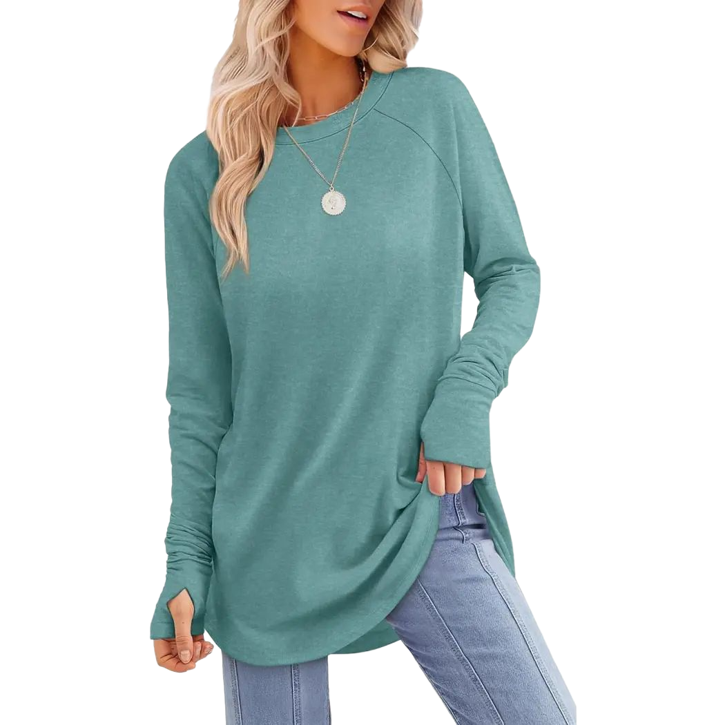 Women's Casual Tunic Tops to Wear with Leggings, Long Sleeve Round Neck Spandex Shirt with Thumb Holes and Curved Hem